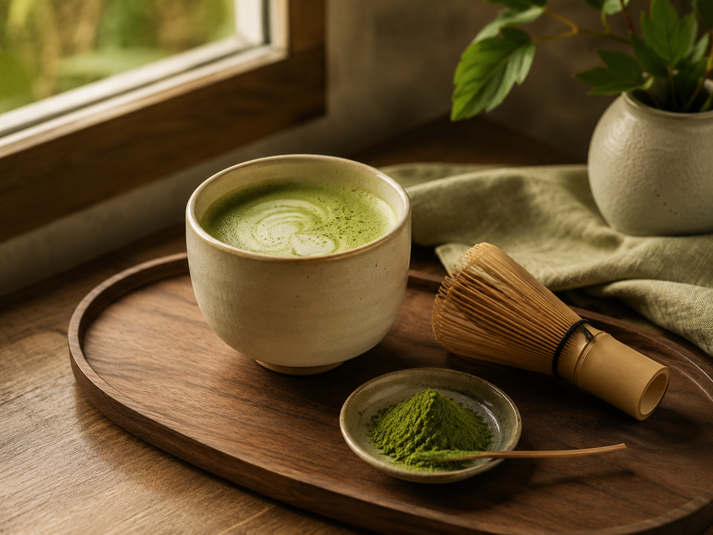 抹茶牛乳:奶油色杯中抹茶牛乳,旁边是茶筅
